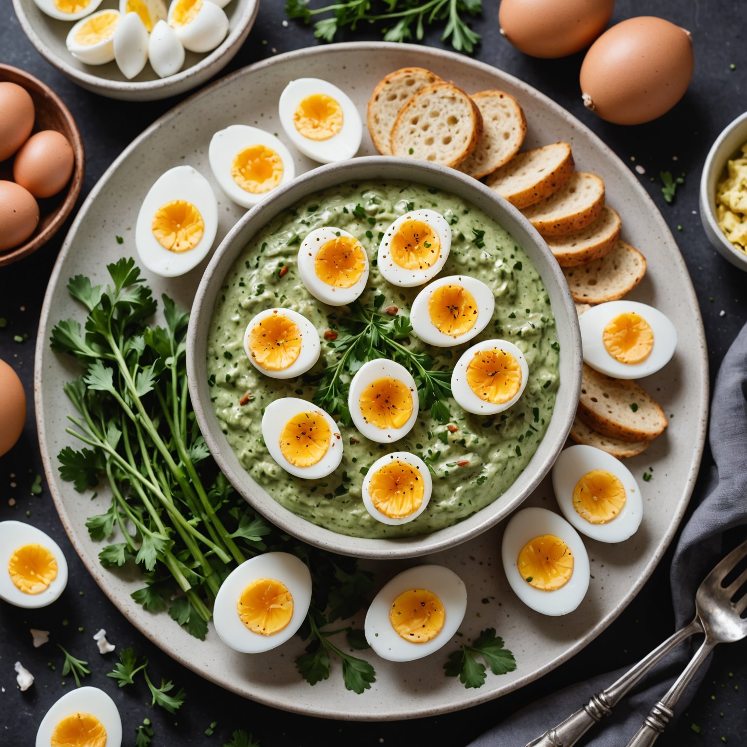 Hvitløk- og urtedip med hardkokte egg