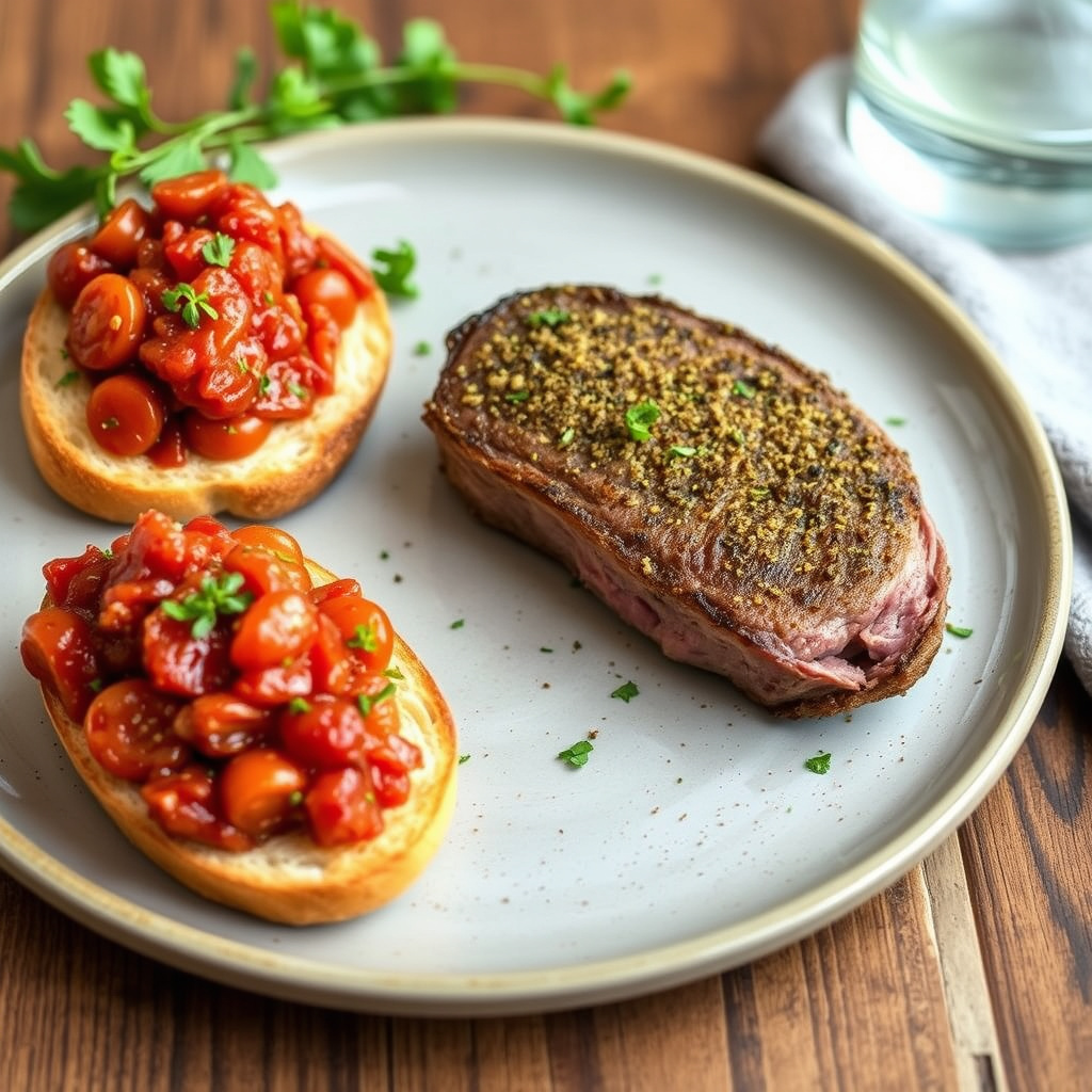 Hvitløks- og pepperstekt lammeloin med tomat-hash, servert på crostini