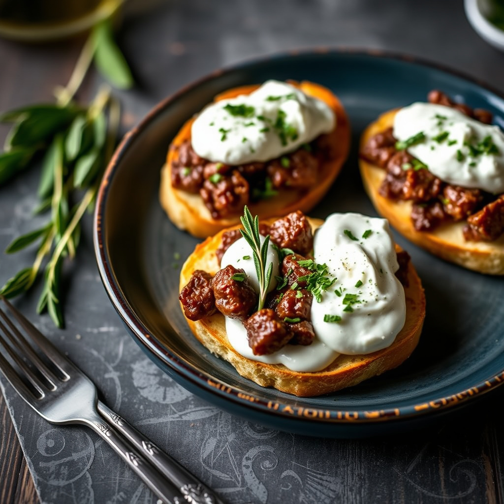 Hvitløksmarinert biff på sprø baguette med salviepisket krem