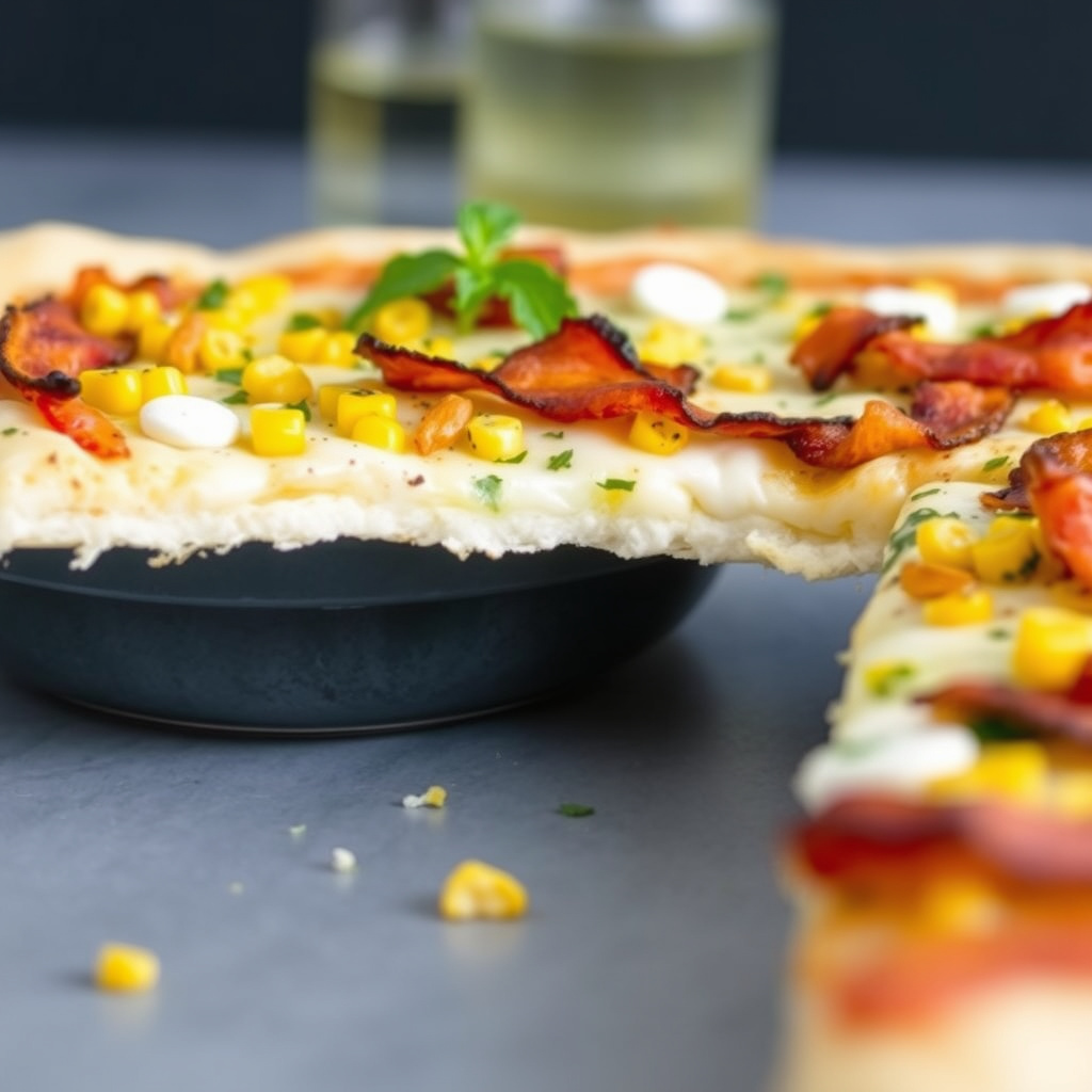 Hvitostpizza med grillet mais og tre-rykt bacon