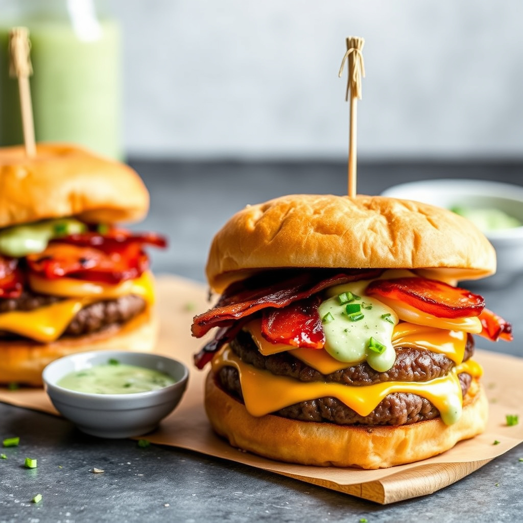 Innvendige bacon- og osteburgere med grillede vårløkmajones