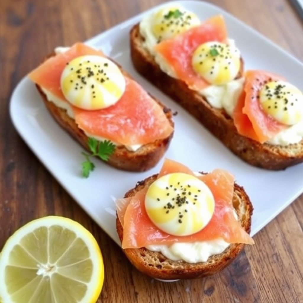 Irsk røkelaks på brunt brød crostini med hardkokt egge-aioli