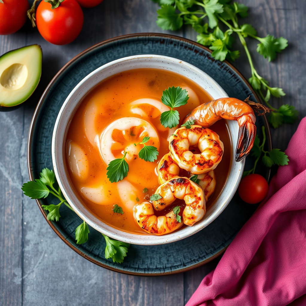 Iskald fruktgazpacho med krydrede grillede reker