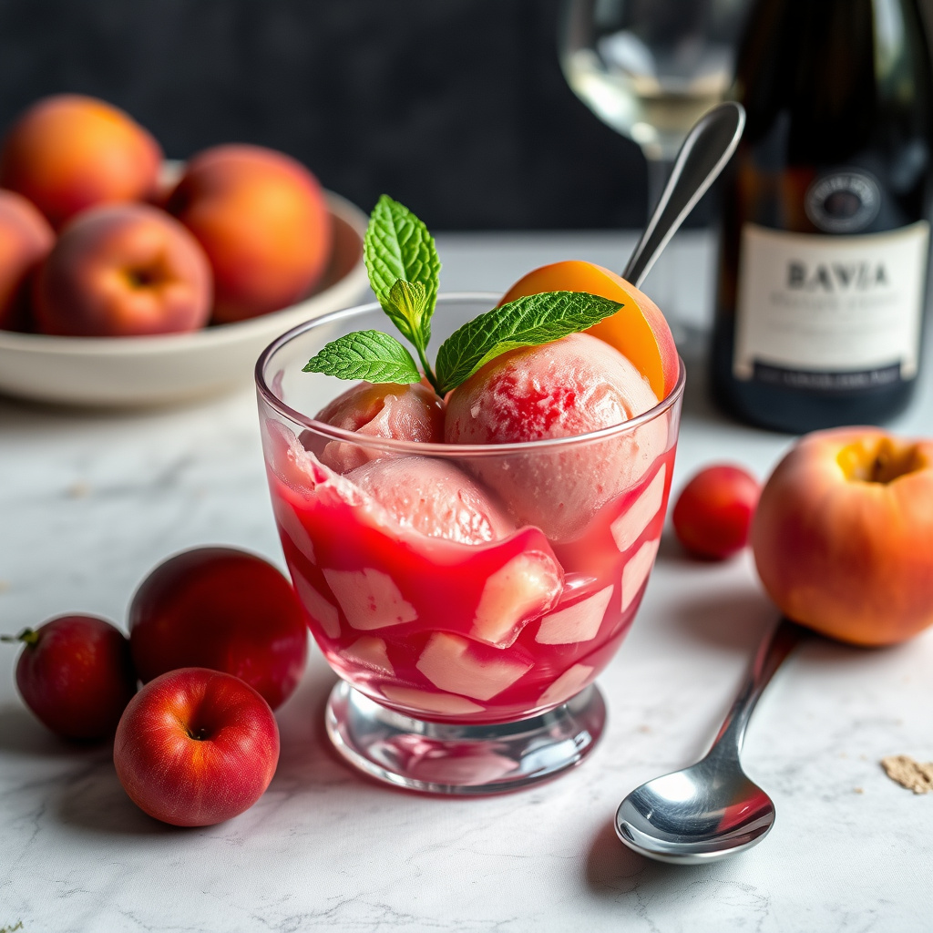 Isvinsorbet med hvite ferskener