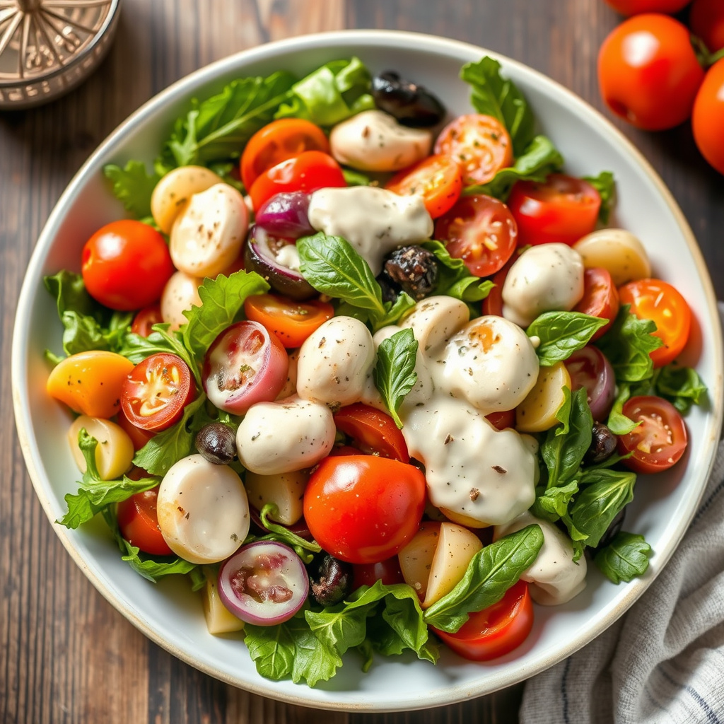 Italiensk grønnsakssalat med kremet hvitløksdressing