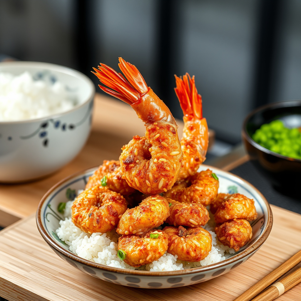 Japanske dypfryste reker dekket med ris: Domyoji Age