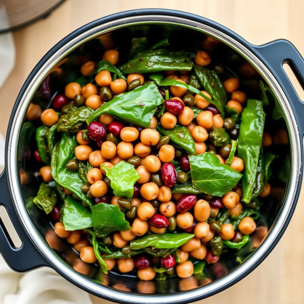 Røykfylte svarte øyebønner og grønnsaker i trykkoker