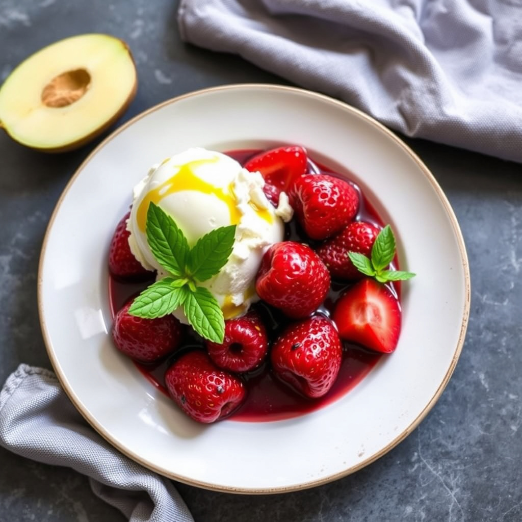 Jordbær i krydret vin med olivolje-smakende iskrem