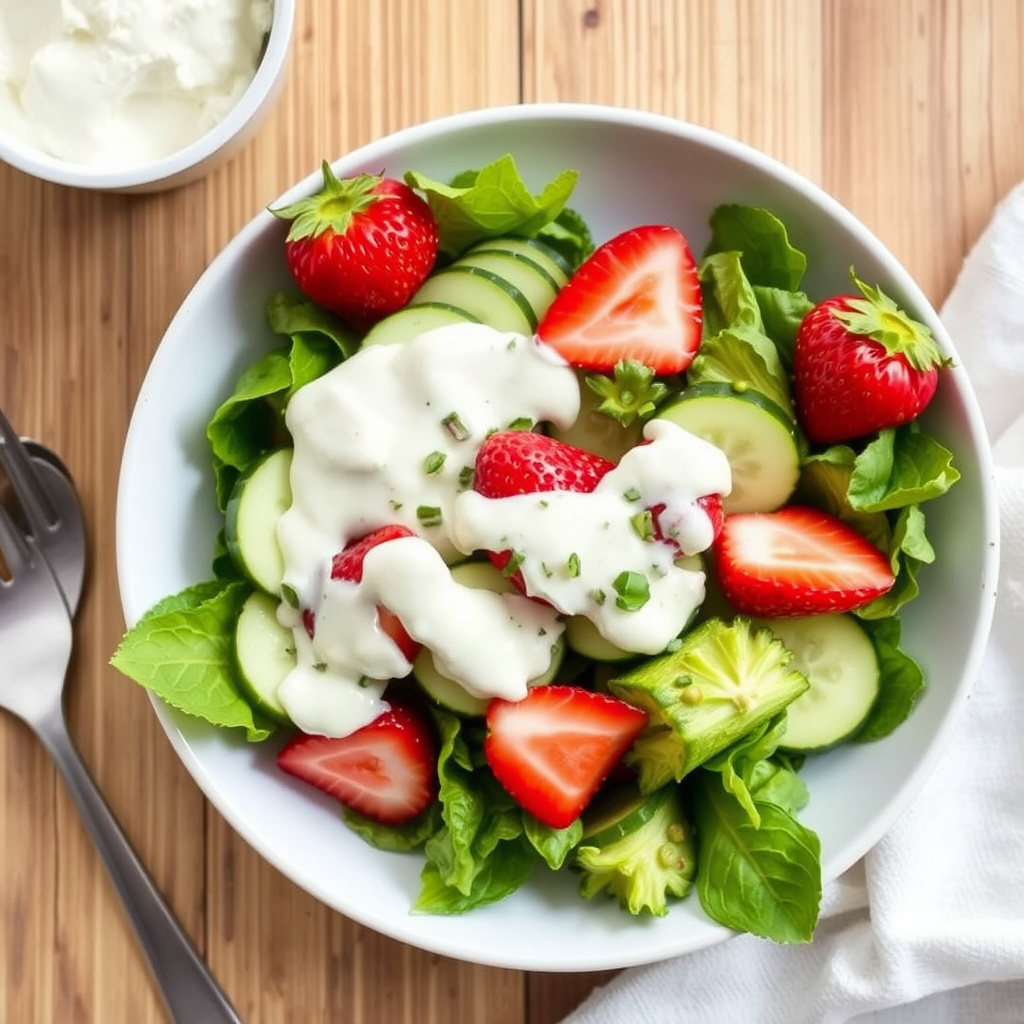 Jordbær- og agurksalat med sitronkrem
