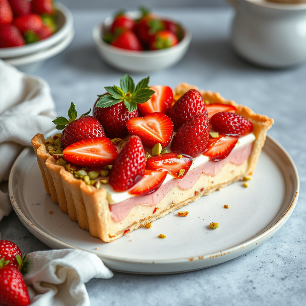 Jordbær- og pistasjtærte