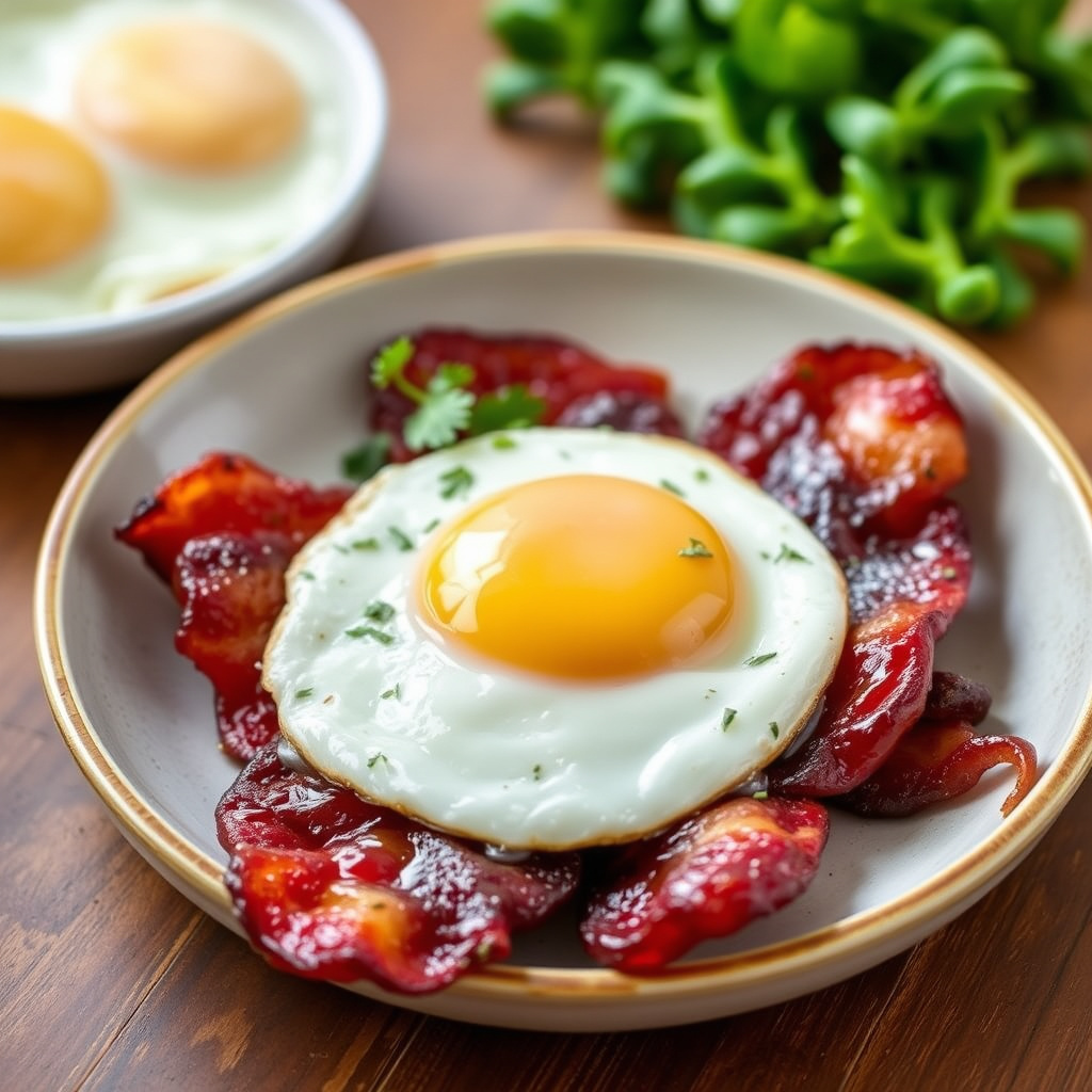 Kaffe-glassert bacon med egg