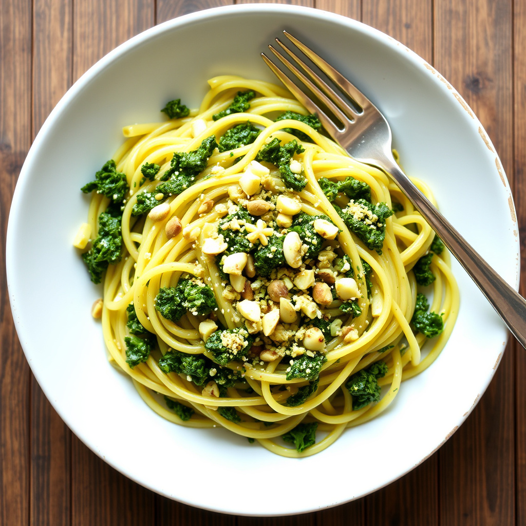Kale- og pistasjpesto spaghetti