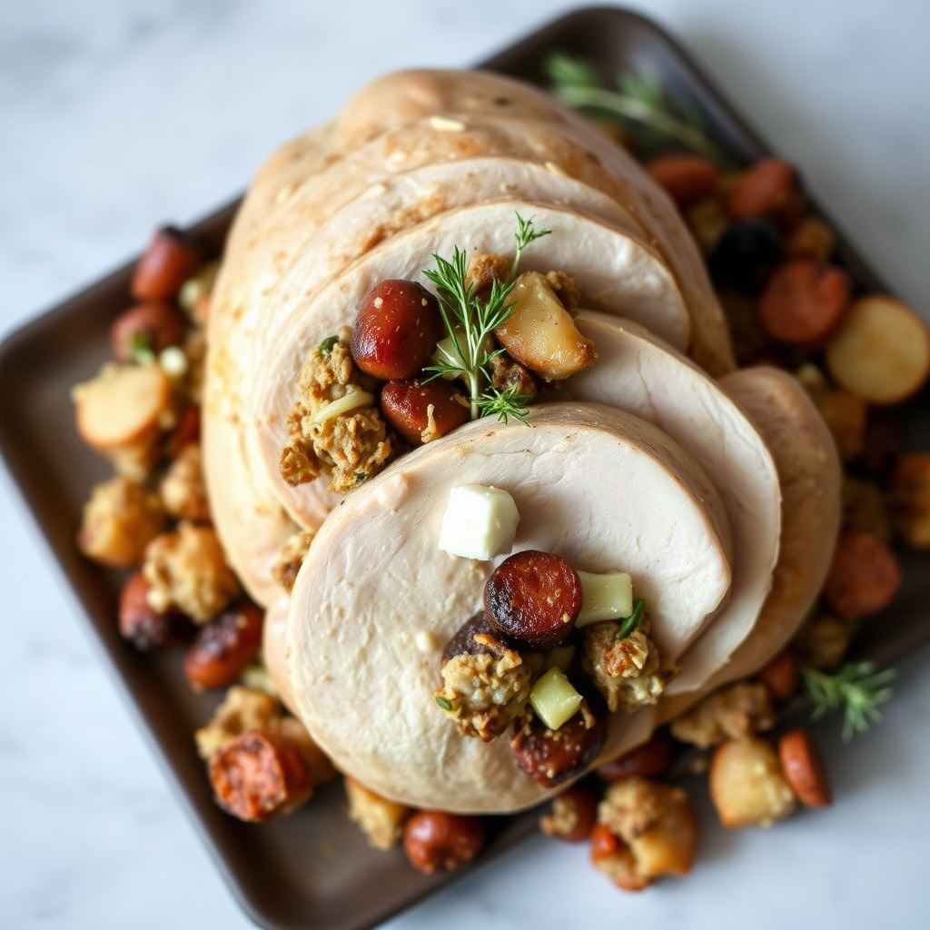 Kalkun fylt med fennikel, pølse og ricotta, tilberedt som butterfly
