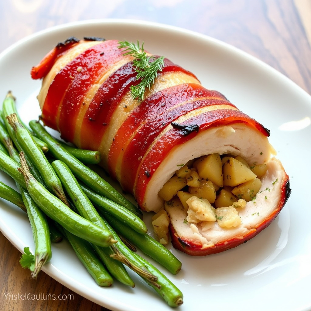 Kalkunbryst innpakket i bacon, fylt med pæresalat