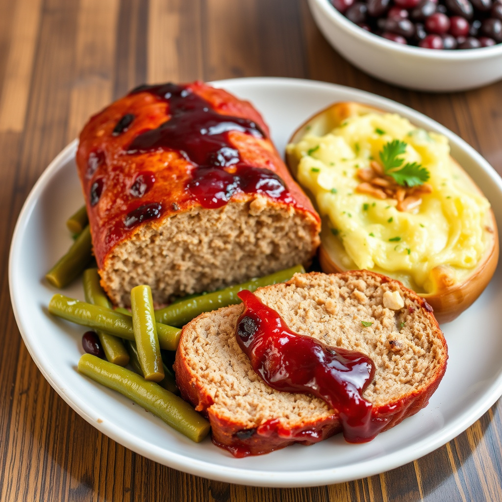 Kalkunkjøttkake med tranebærglasur, blandede bønner almondine og potetgrateng