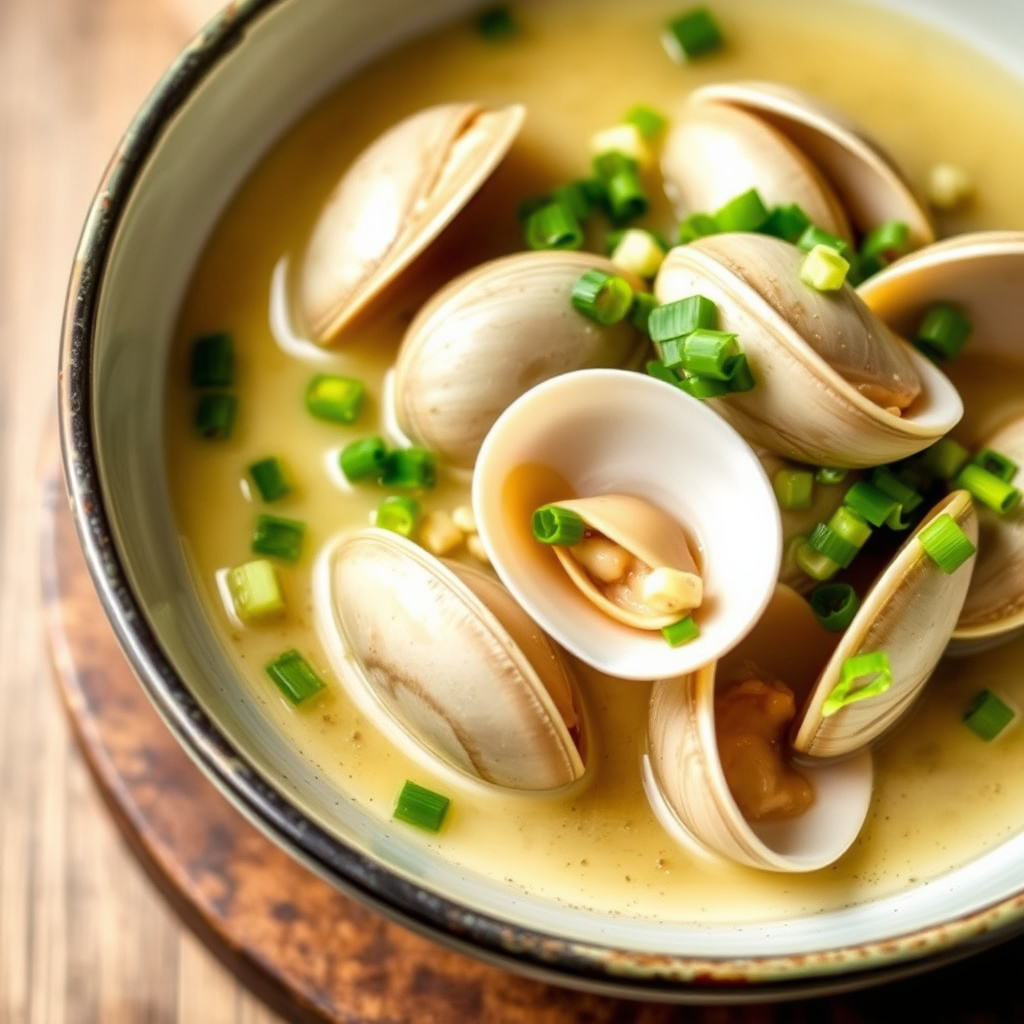 Kamskjell dampet med ingefær og vårløk