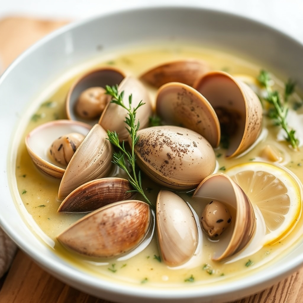 Kamskjell i krem- og timianbuljong