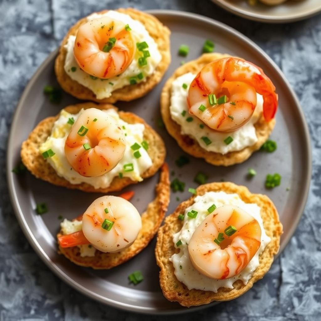 Kamskjell- og reke-crostini