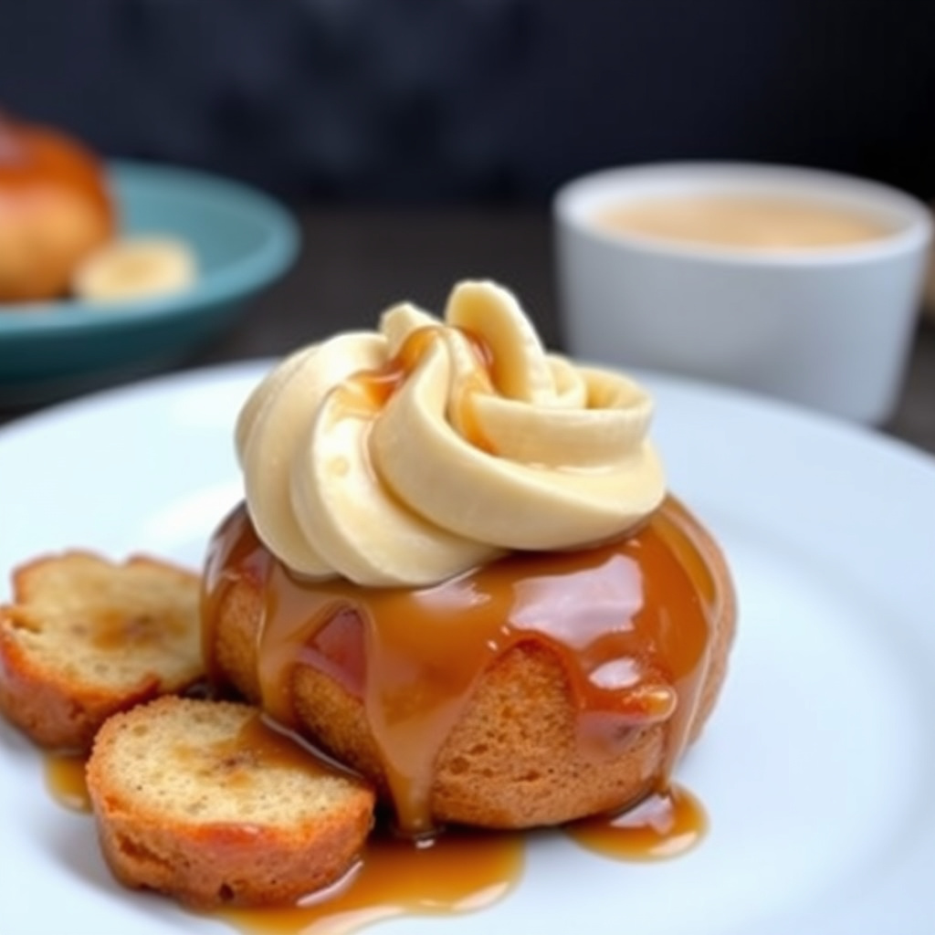 Karamellisert bananbrioche, peanøttsmørmousse