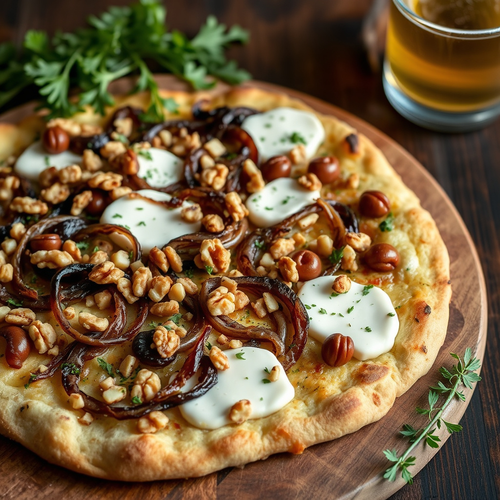 Pizza med karamellisert løk, valnøtter og geitost