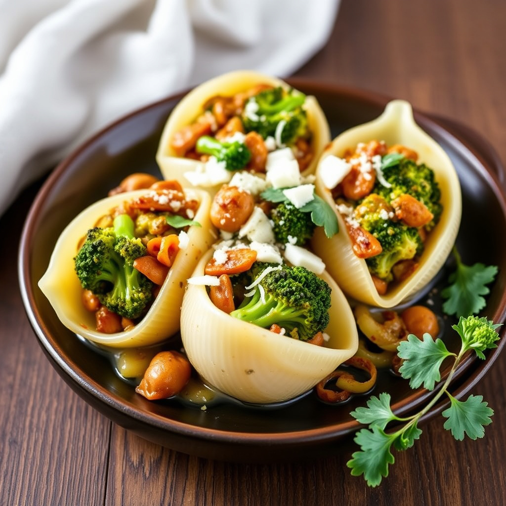 Fylte pastaskjell med karamellisert brokkoli og løk