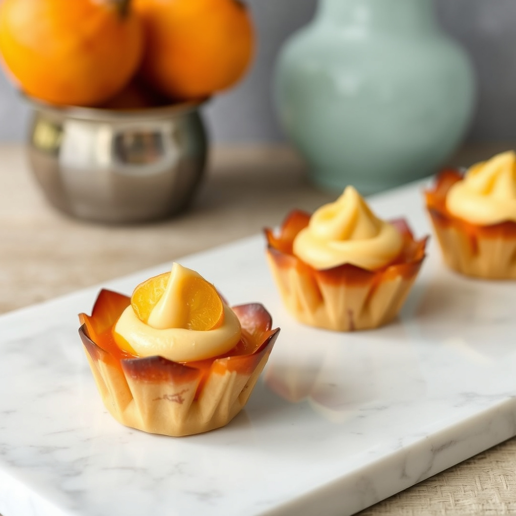 Karamelliserte nektariner- og mandel-fylte filodeiger med frossen appelsinmousse