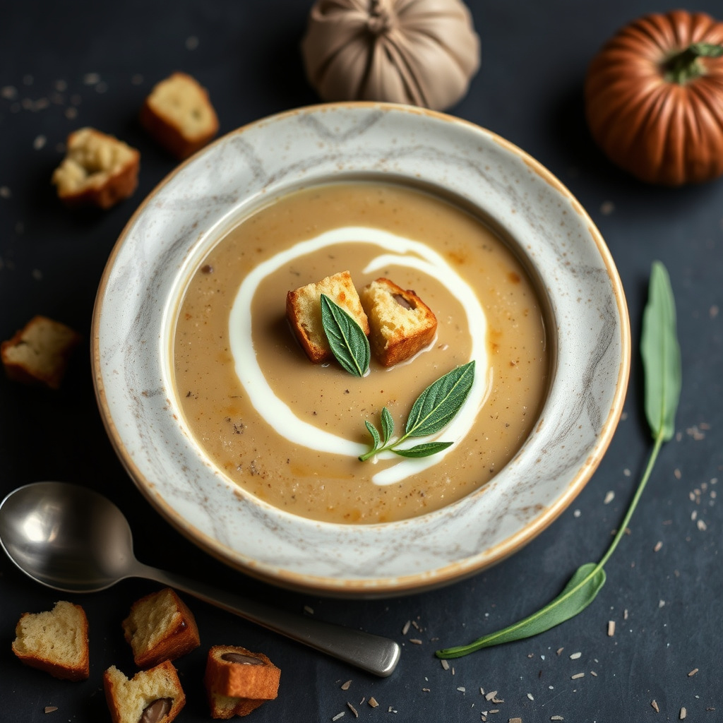 Kastanjesuppe med surdeigsbrødkrutonger med salvie