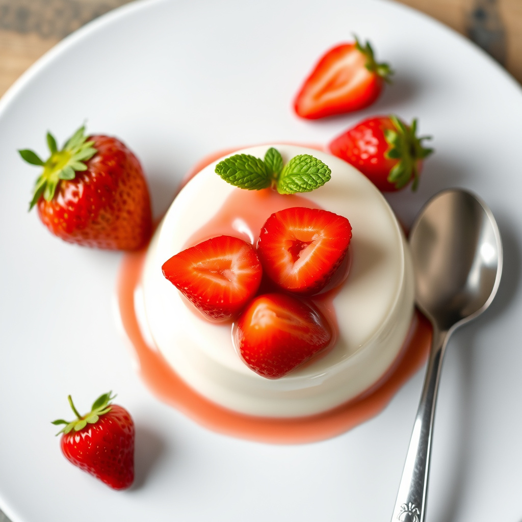 Kefirpanna cotta med macererte jordbær