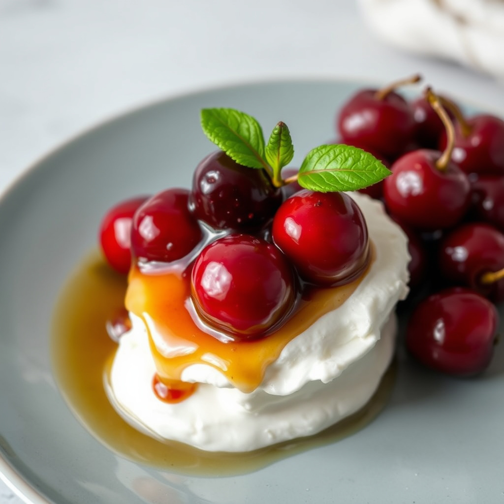 Kirsebær i mandelsirup over gresk yoghurt