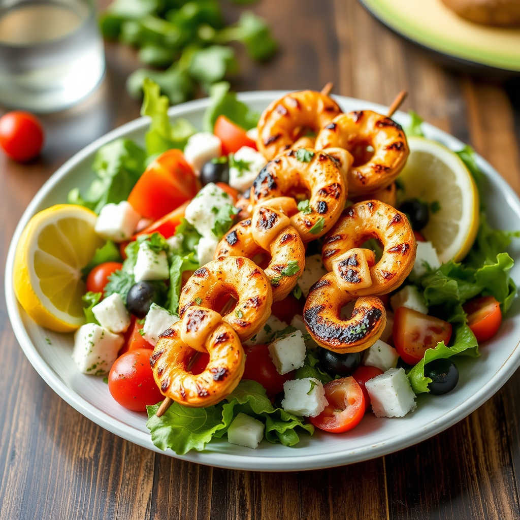 Klassisk gresk salat toppet med grillede calamari-spyd