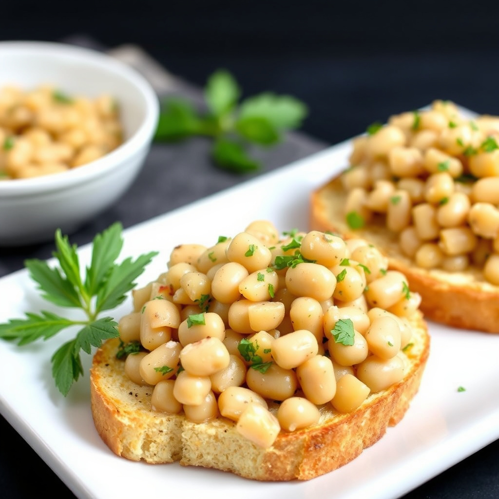 Knust hvit bønne-bruschetta med hvit trøffelolje