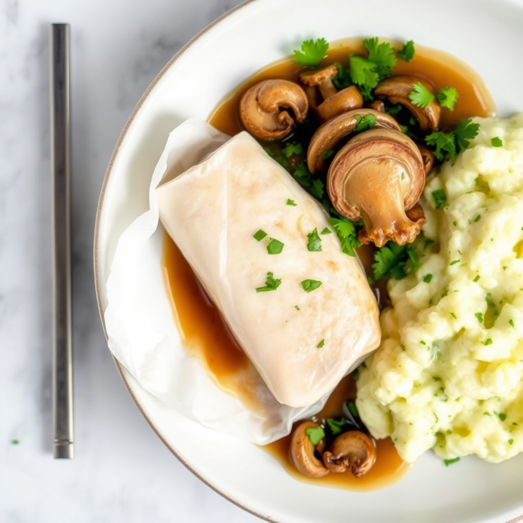 Torsk i rispapir med soppsaus og koriandermos