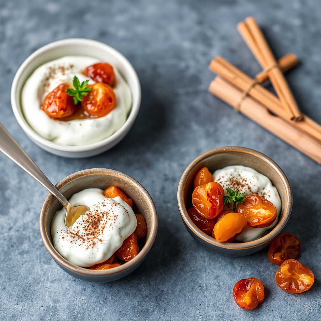 Kognakkglasert tørket aprikos med kanelkrydret yoghurt