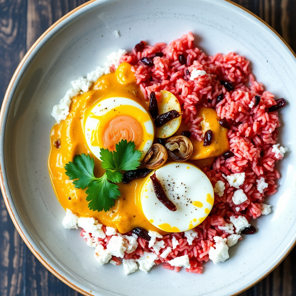 Kokos-eggkarri med rød ris og sprø sjalottløk