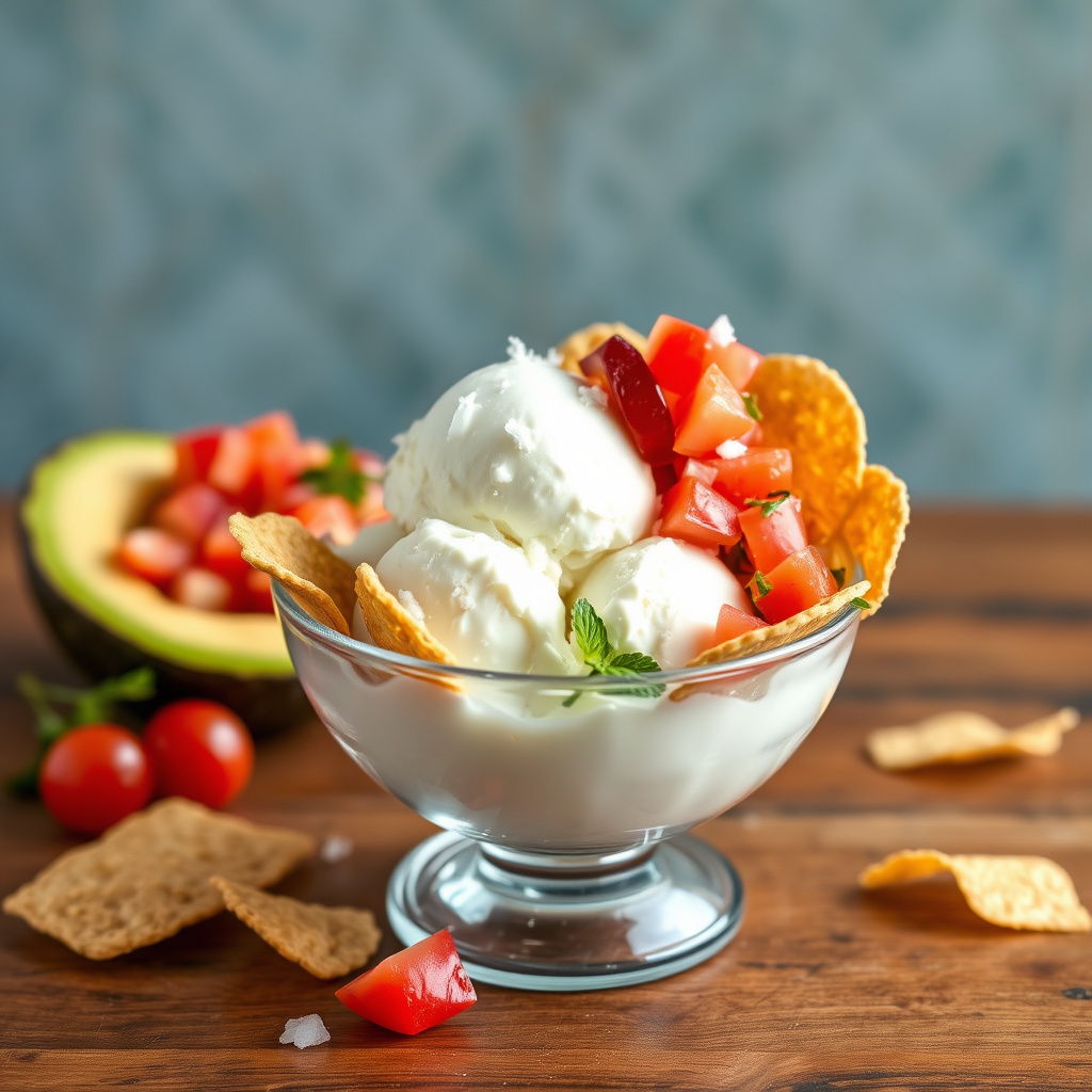 Kokos- og piloncillo-is med tortillachips og fruktsalsa