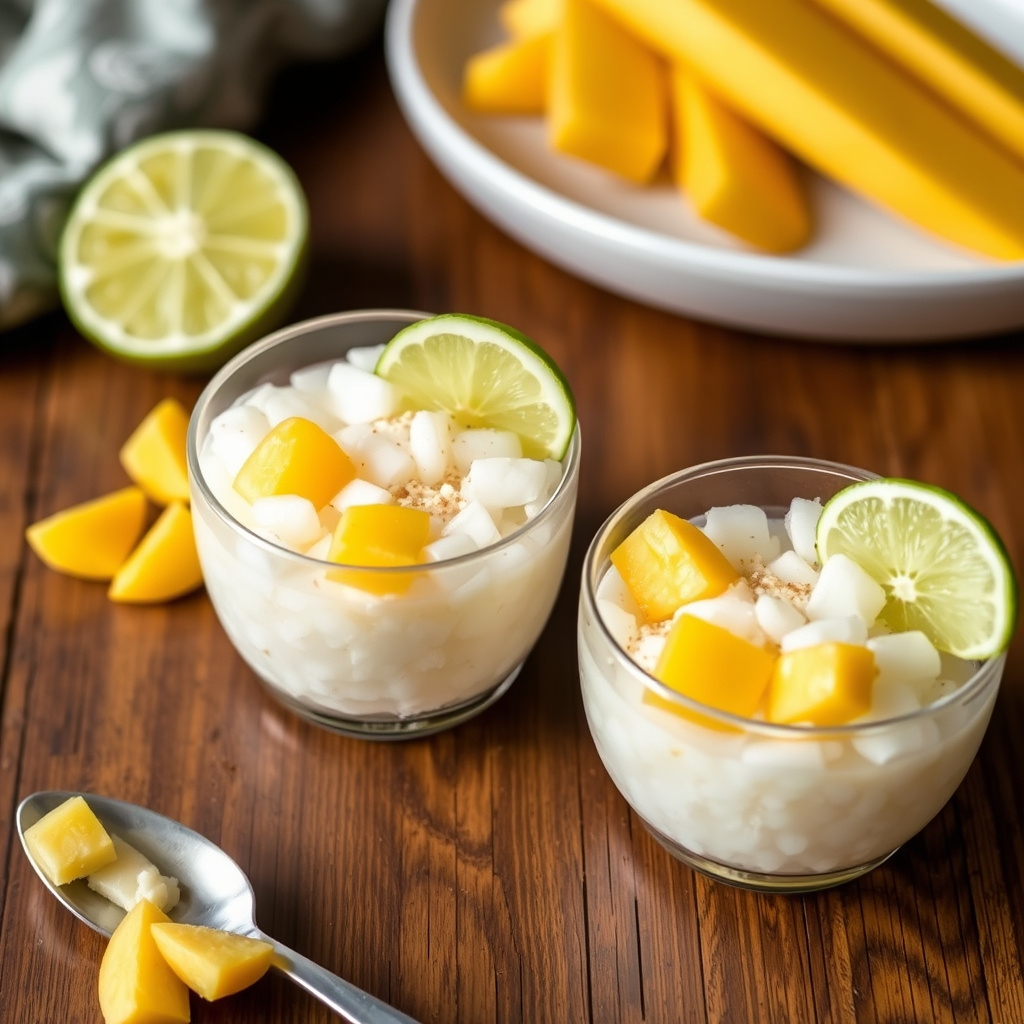 Kokos-tapioka med ananas, mango og lime