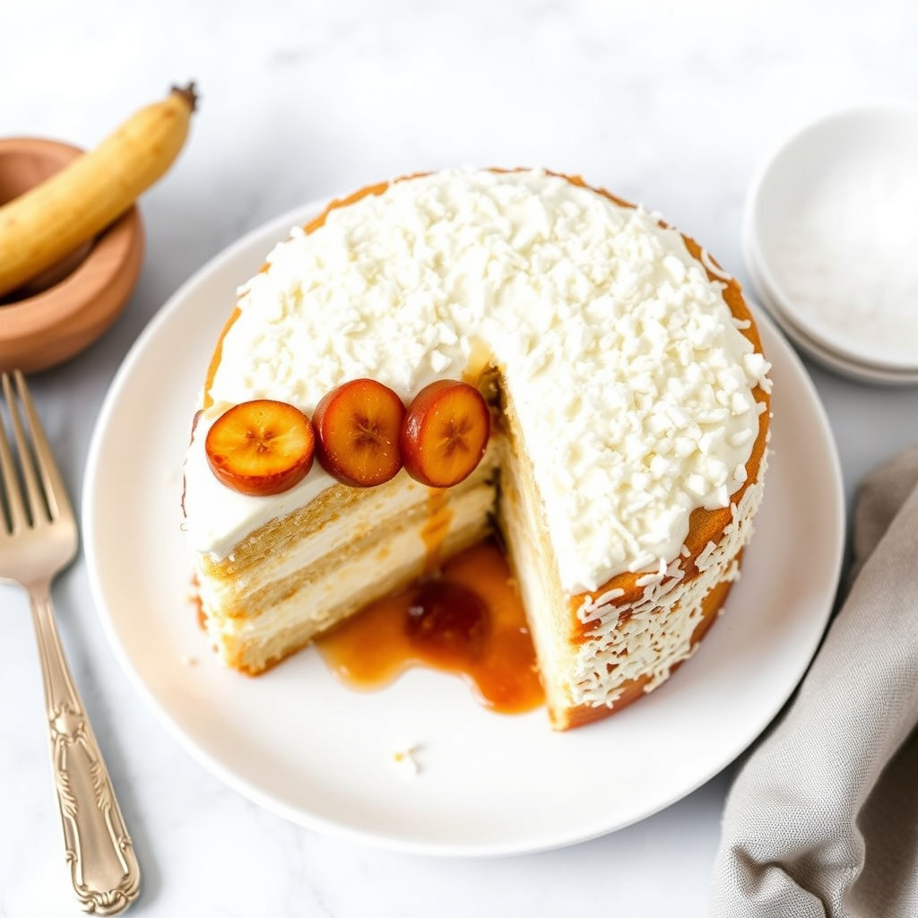 Kokosnøtt Tres Leches-kake med karamelliserte bananer