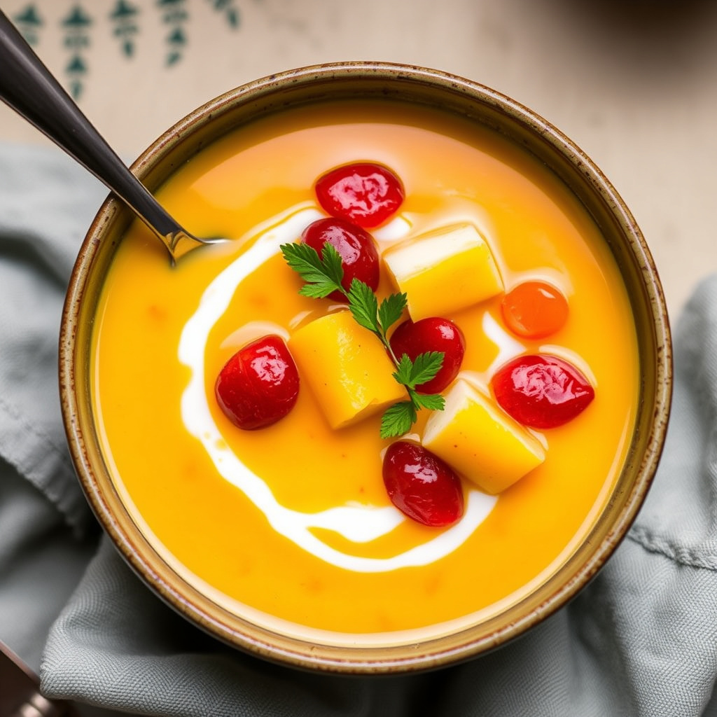 Kokossuppe med karamelliserte lychees og mangotofu