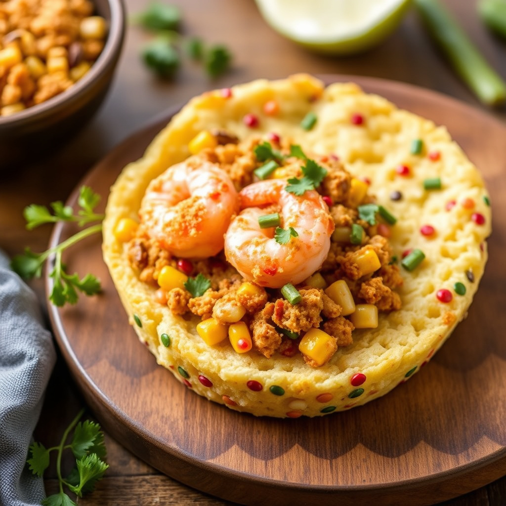 Konfettikornbrød-omsluttede reker i kreolfyll
