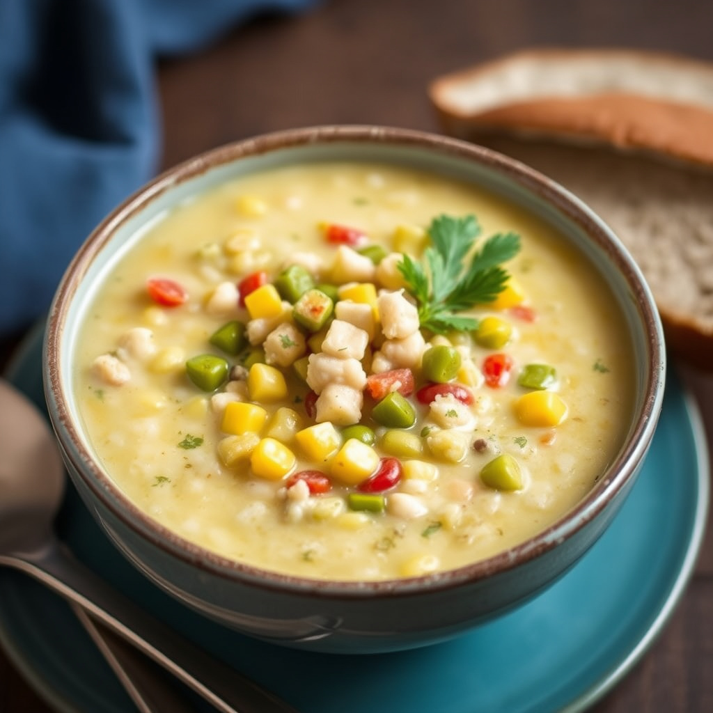 Korn- og risgrøt med bønner, chayote og krabbe