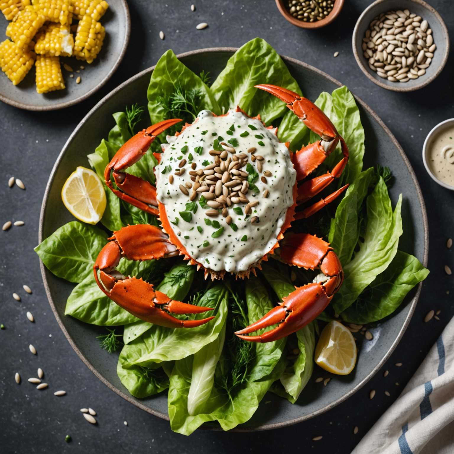 Krabbe med romanosalat, dillsaus og solsikkefrø