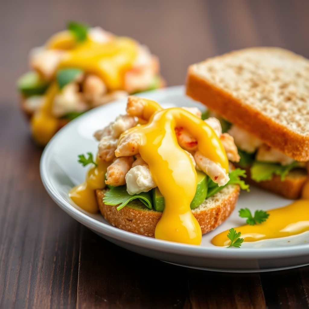 Krabbe- og avokadosandwich med mangocoulis