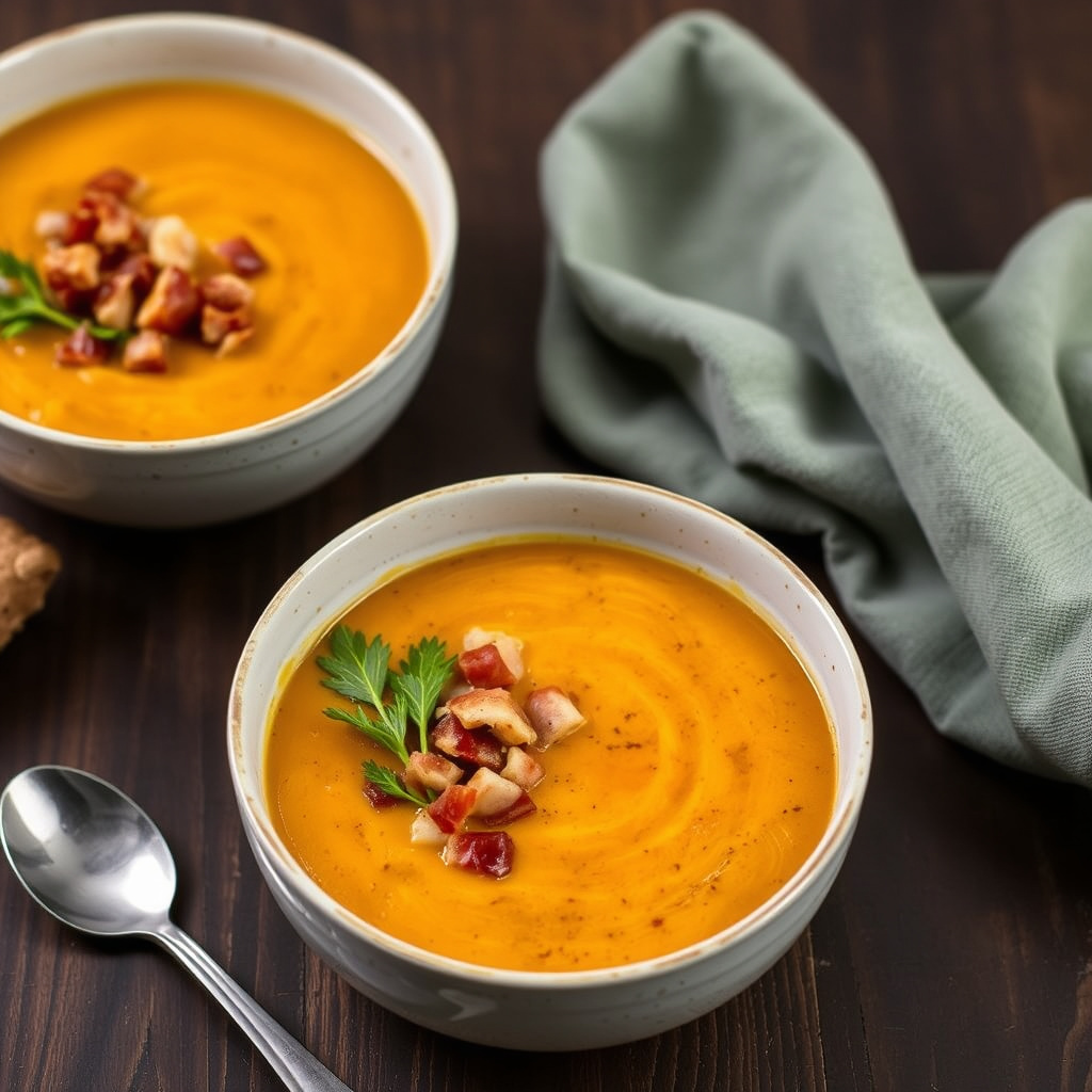 Kraftig gresskarsuppe med pancetta og kål