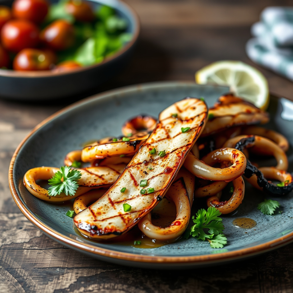 Kraftig grillet blekksprut marinert i sherry