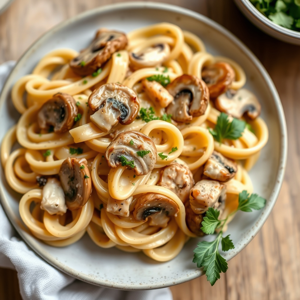 Kremet fusilli med sopp og kylling