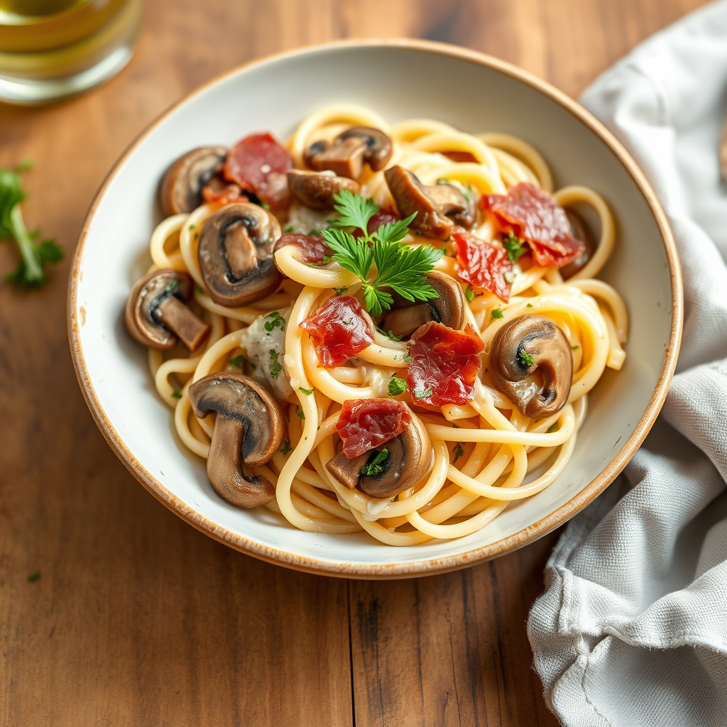 Kremet hvitløkpasta med sopp og prosciutto