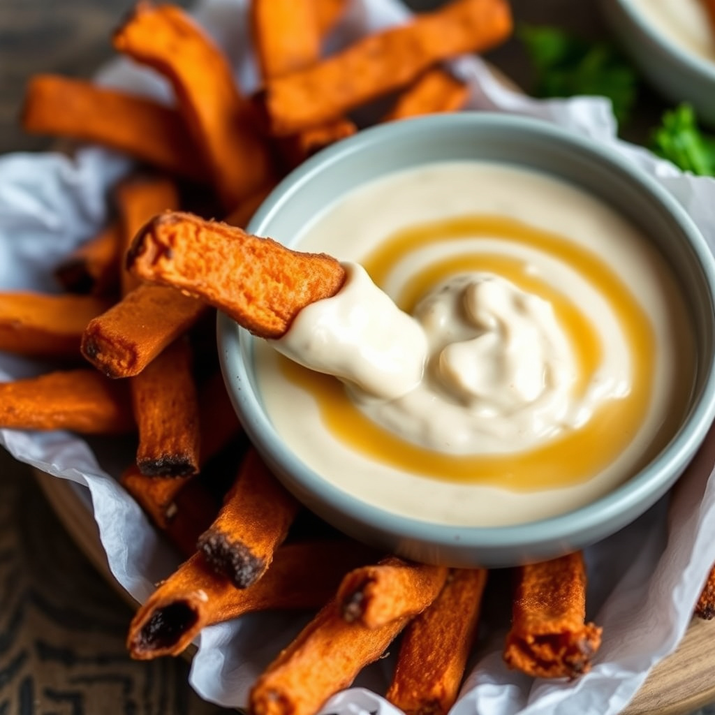 Kremet lønnesirupdip til søtpotetfries