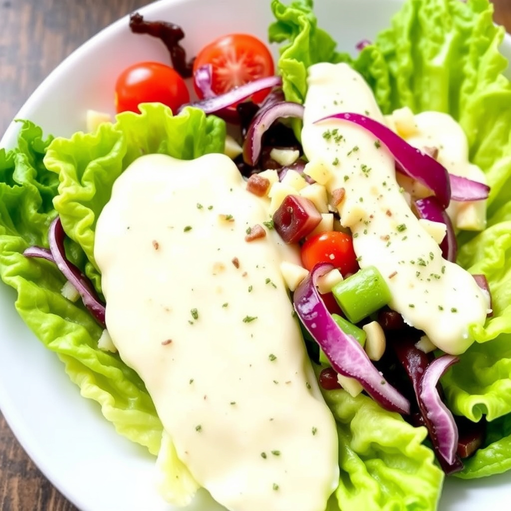Kremet, sitrusaktig dressing med pepper og parmesan på romanosalat