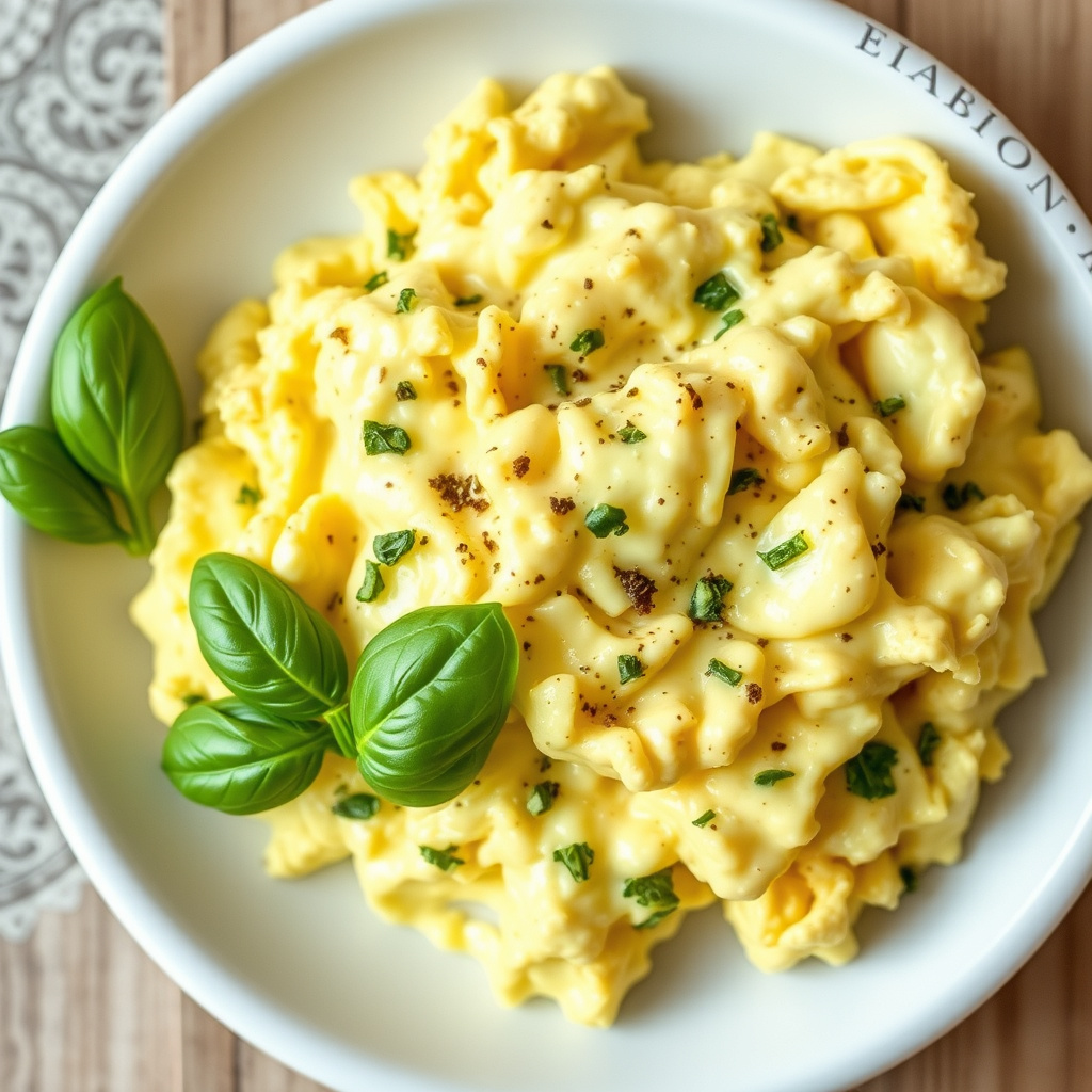 Kremete, ostete eggerøre med basilikum