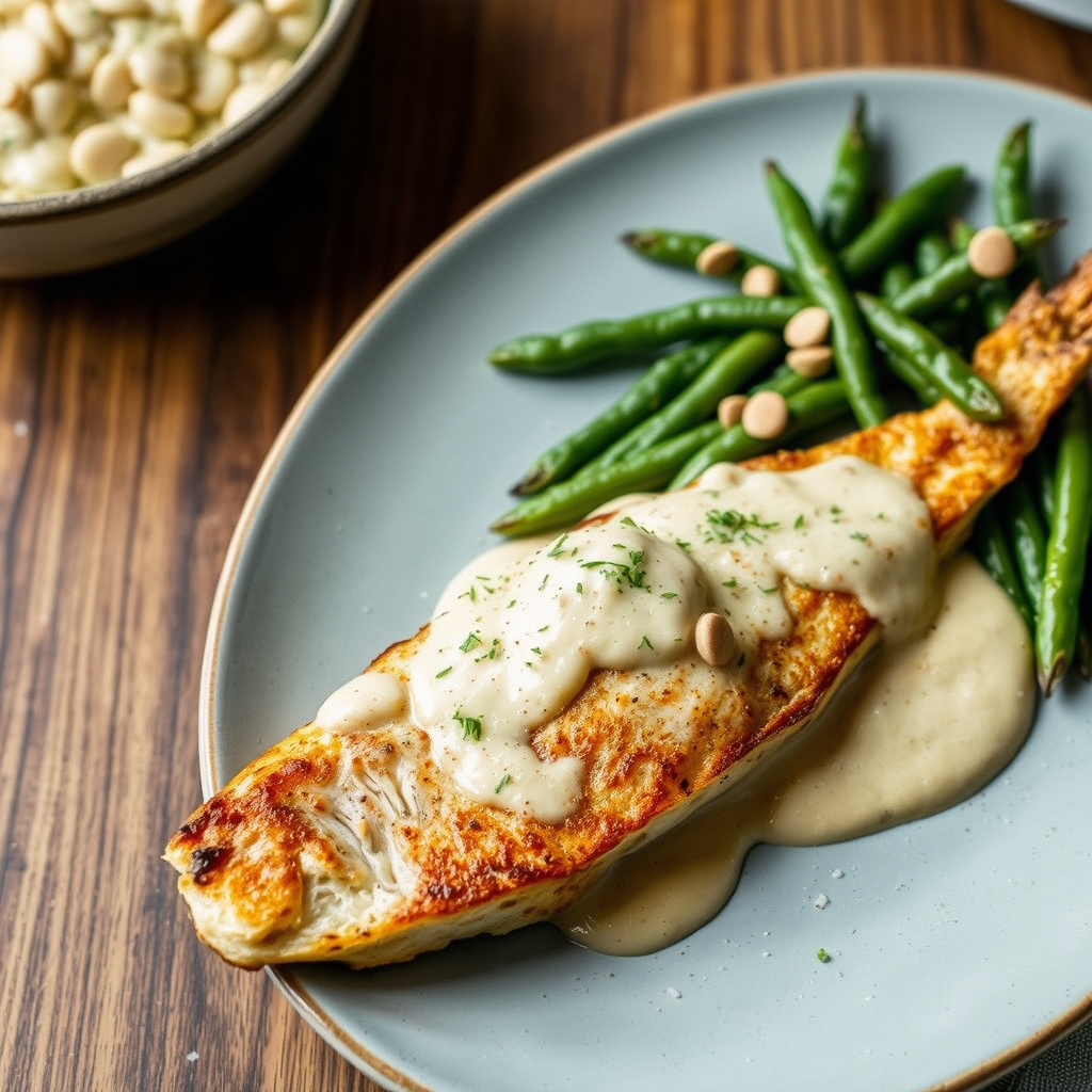 Krepsefyllt rødspette med Mornay-saus og grønne bønner med mandler